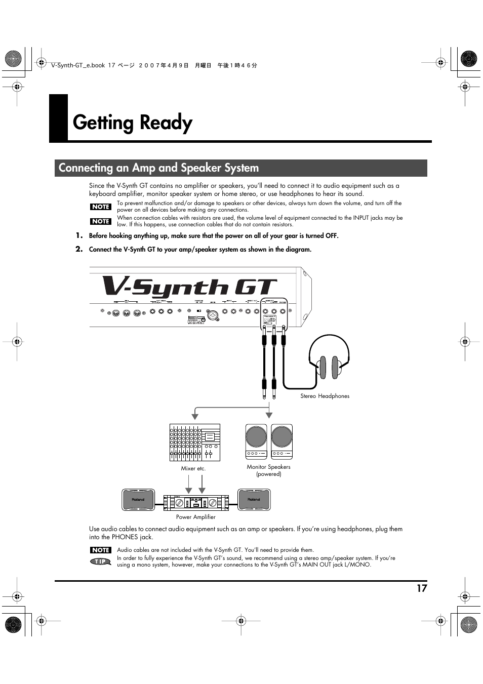 Getting ready, Connecting an amp and speaker system | Roland V-Synth GT User Manual | Page 17 / 248