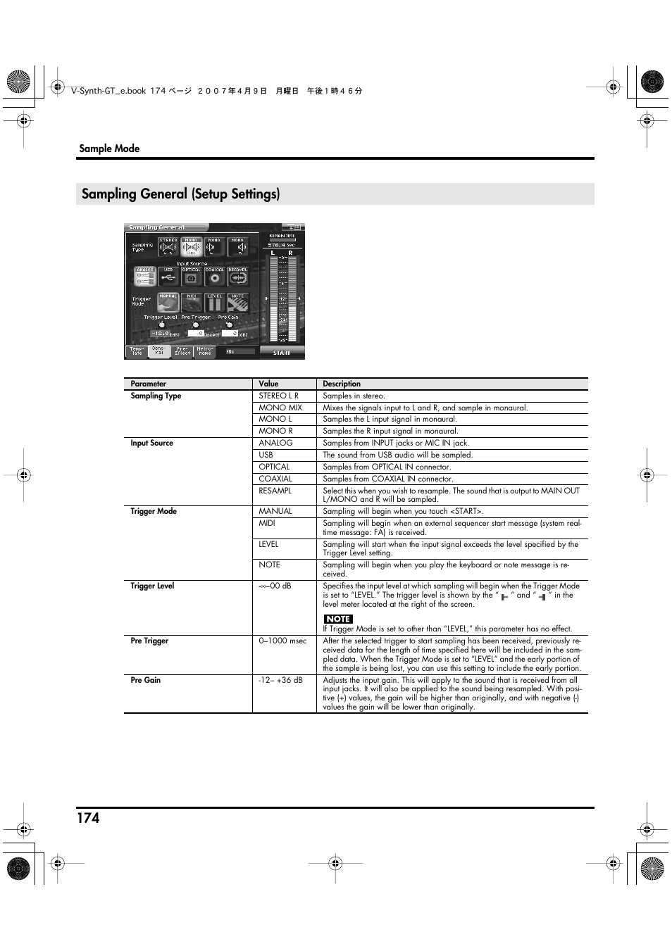 Sampling general (setup settings), General>: setup settings (p. 174), The level specified by trigger level (p. 174) | Roland V-Synth GT User Manual | Page 174 / 248