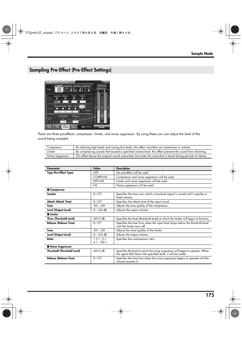 Sampling pre-effect (pre-effect settings), Pre-effect>: pre-effect settings (p. 175) | Roland V-Synth GT User Manual | Page 175 / 248