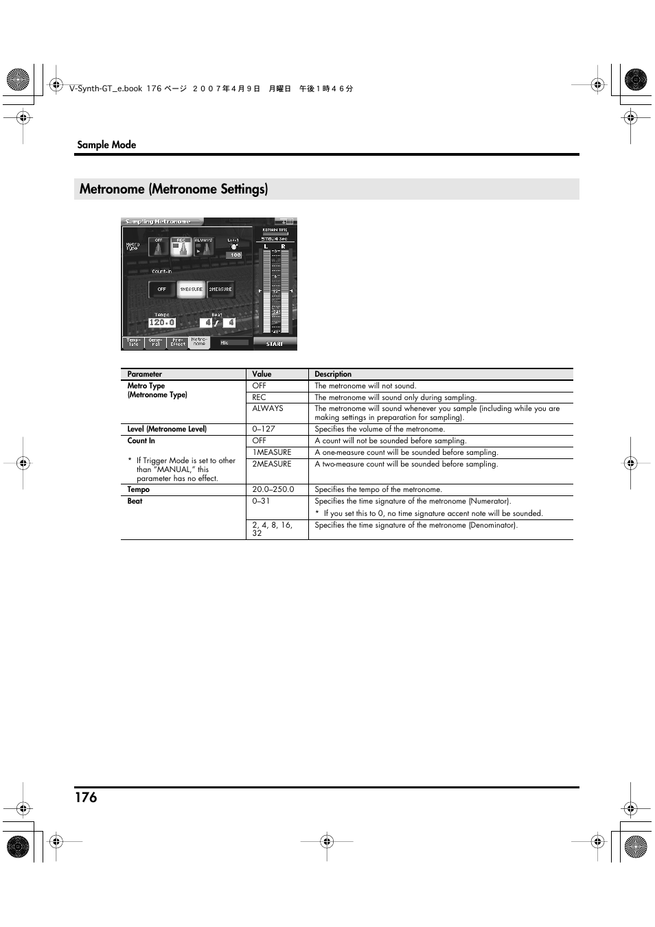 Metronome (metronome settings), Metronome>: metronome settings (p. 176) | Roland V-Synth GT User Manual | Page 176 / 248