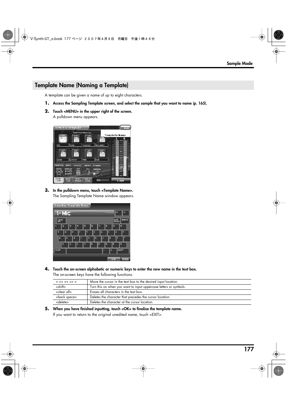 Template name (naming a template) | Roland V-Synth GT User Manual | Page 177 / 248