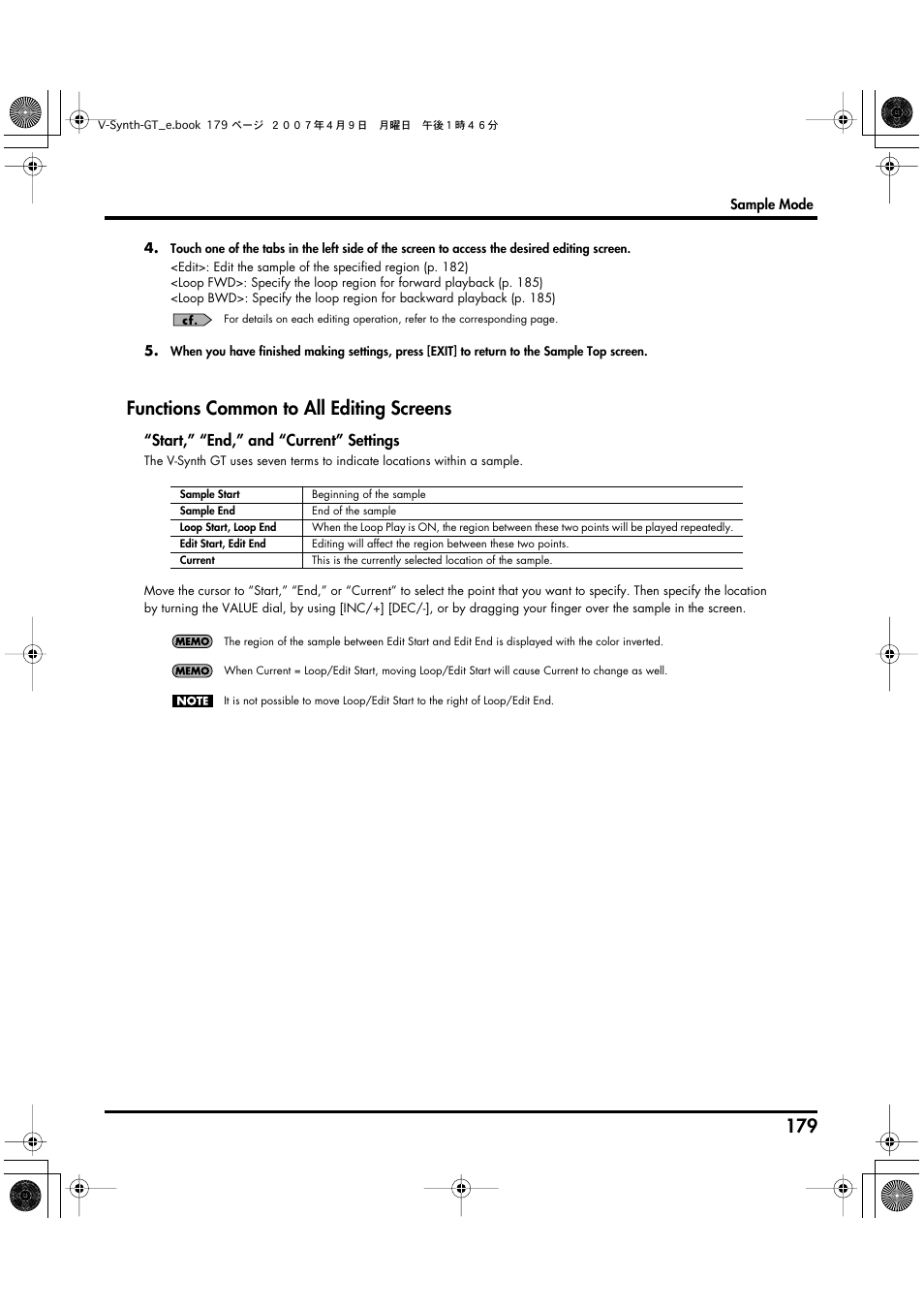 Functions common to all editing screens, Start,” “end,” and “current” settings | Roland V-Synth GT User Manual | Page 179 / 248