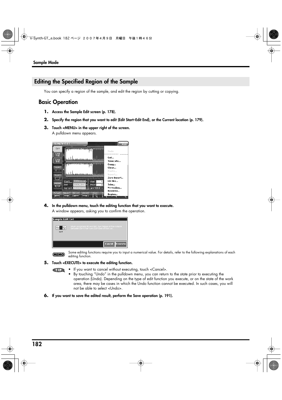 Editing the specified region of the sample, Basic operation | Roland V-Synth GT User Manual | Page 182 / 248