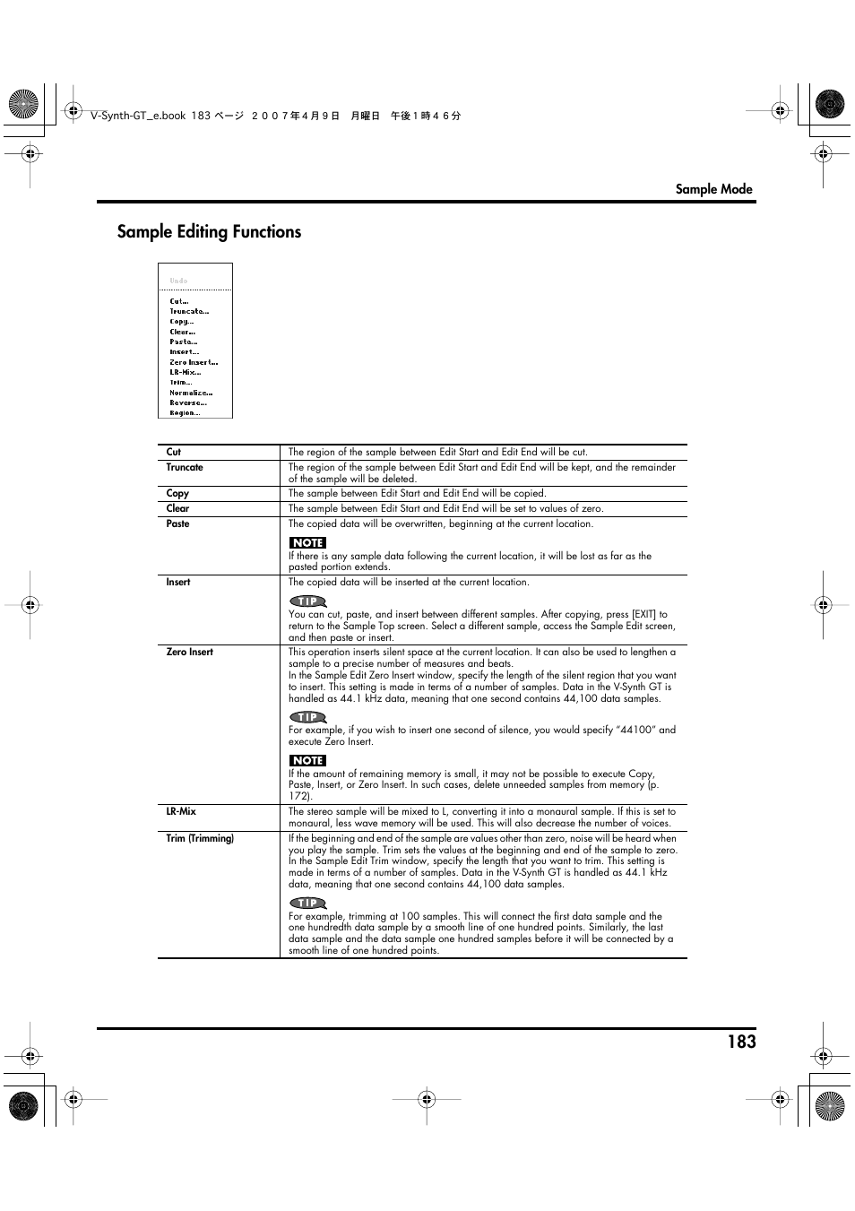 Sample editing functions | Roland V-Synth GT User Manual | Page 183 / 248