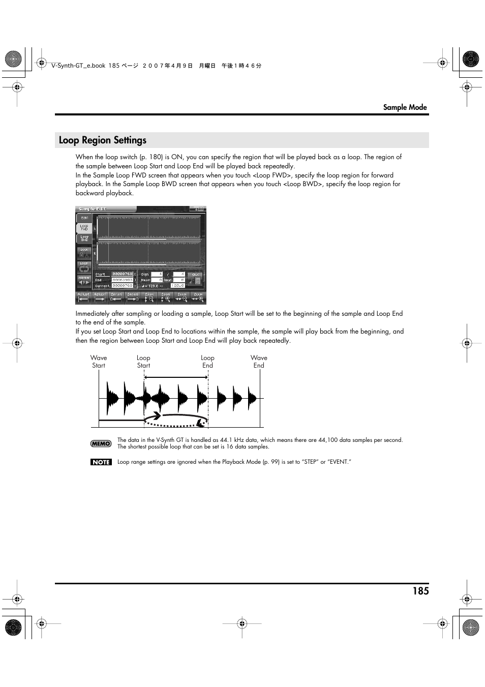 Loop region settings | Roland V-Synth GT User Manual | Page 185 / 248