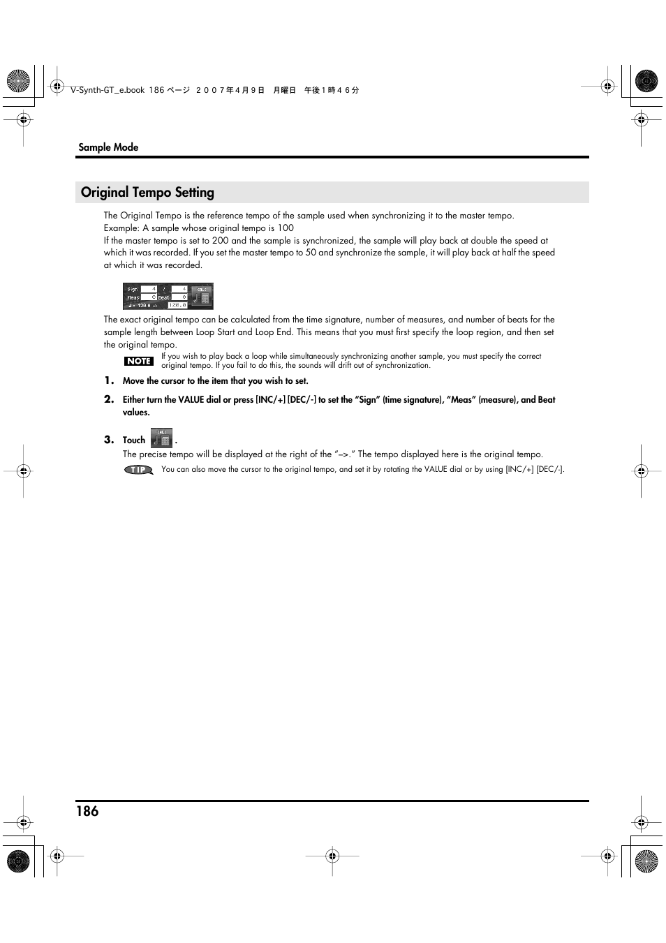 Original tempo setting | Roland V-Synth GT User Manual | Page 186 / 248