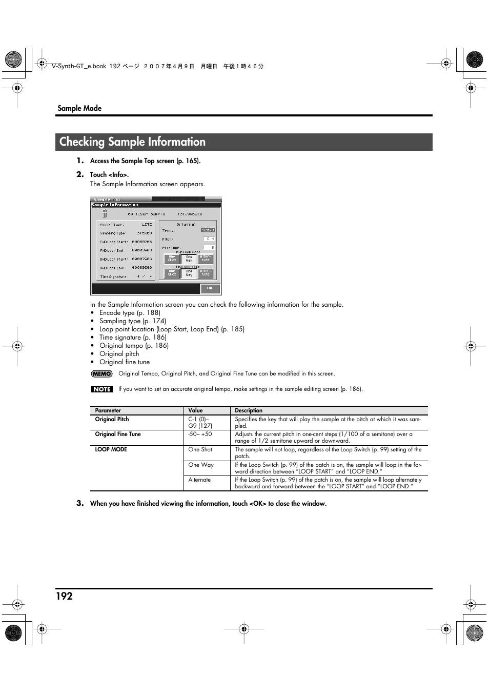 Checking sample information | Roland V-Synth GT User Manual | Page 192 / 248
