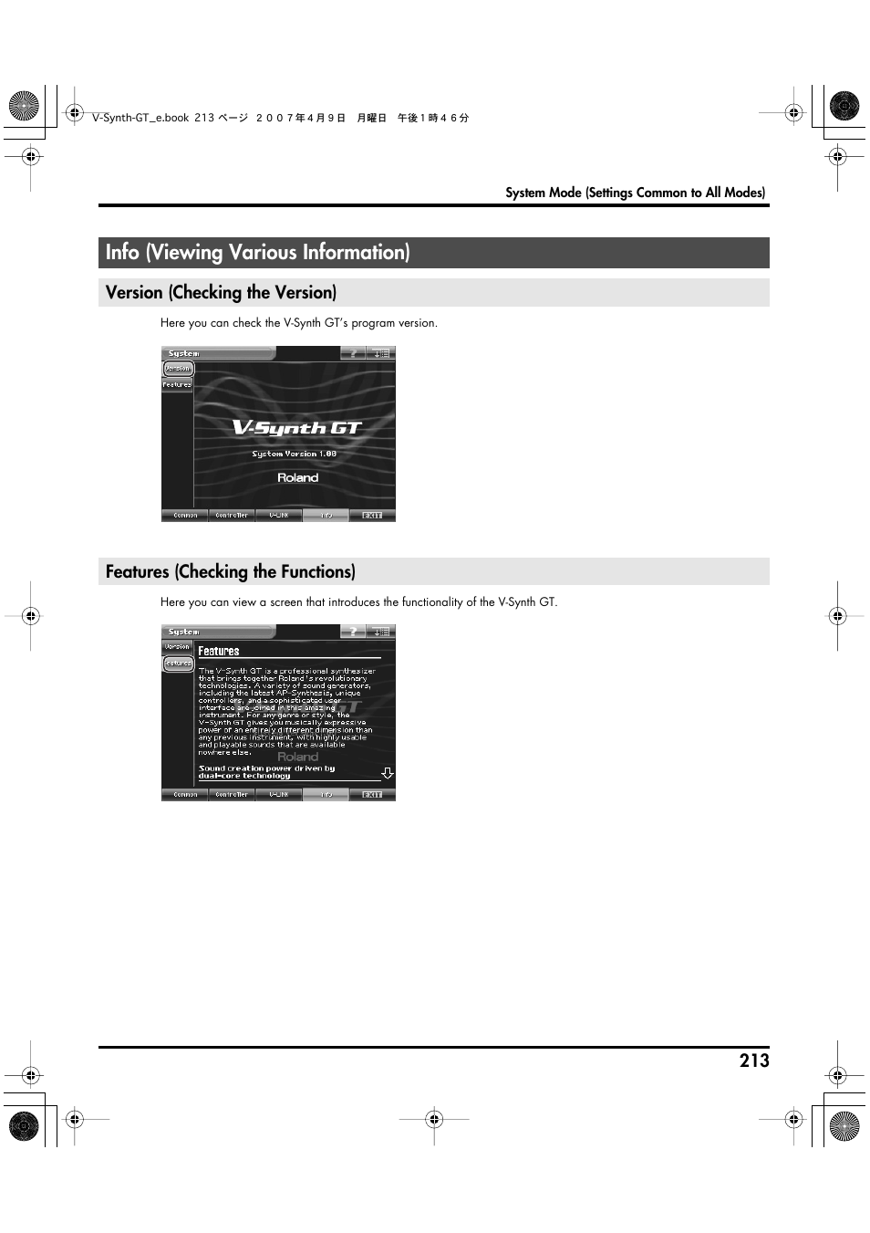 Info (viewing various information), Version (checking the version), Features (checking the functions) | Roland V-Synth GT User Manual | Page 213 / 248