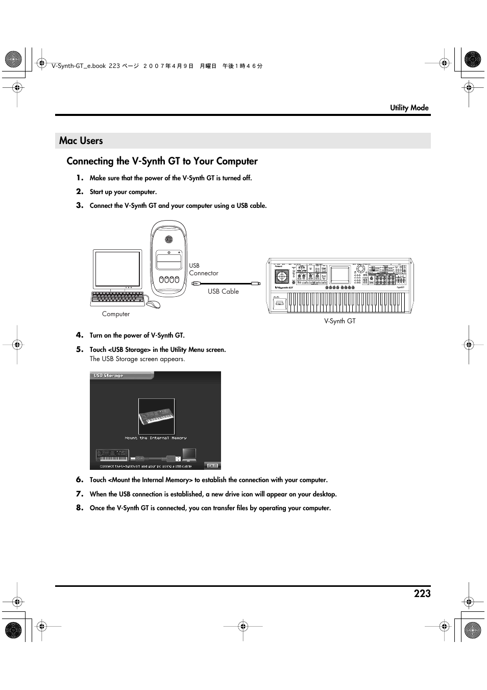 Mac users, P. 223), Connecting the v-synth gt to your computer | Roland V-Synth GT User Manual | Page 223 / 248