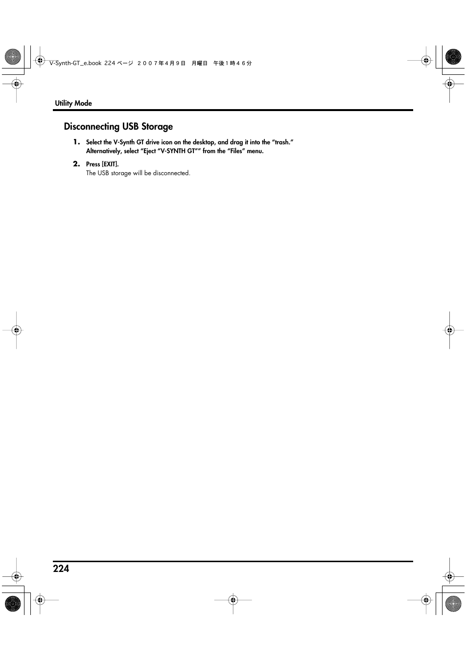 Disconnecting usb storage | Roland V-Synth GT User Manual | Page 224 / 248
