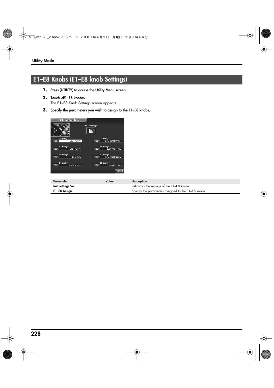 E1–e8 knobs (e1–e8 knob settings) | Roland V-Synth GT User Manual | Page 228 / 248