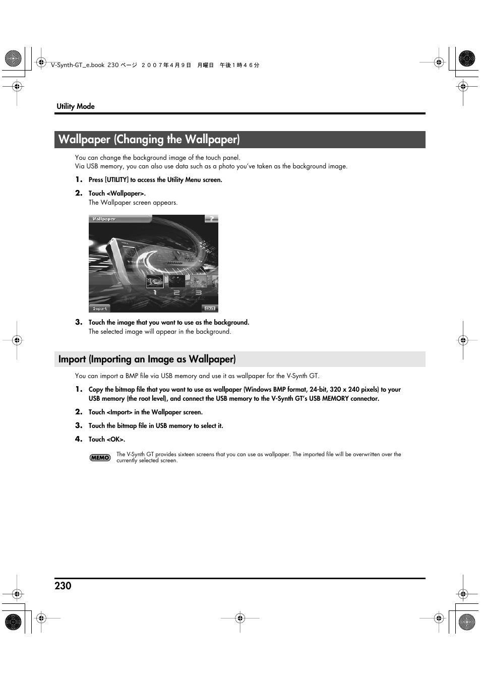 Wallpaper (changing the wallpaper), Import (importing an image as wallpaper) | Roland V-Synth GT User Manual | Page 230 / 248