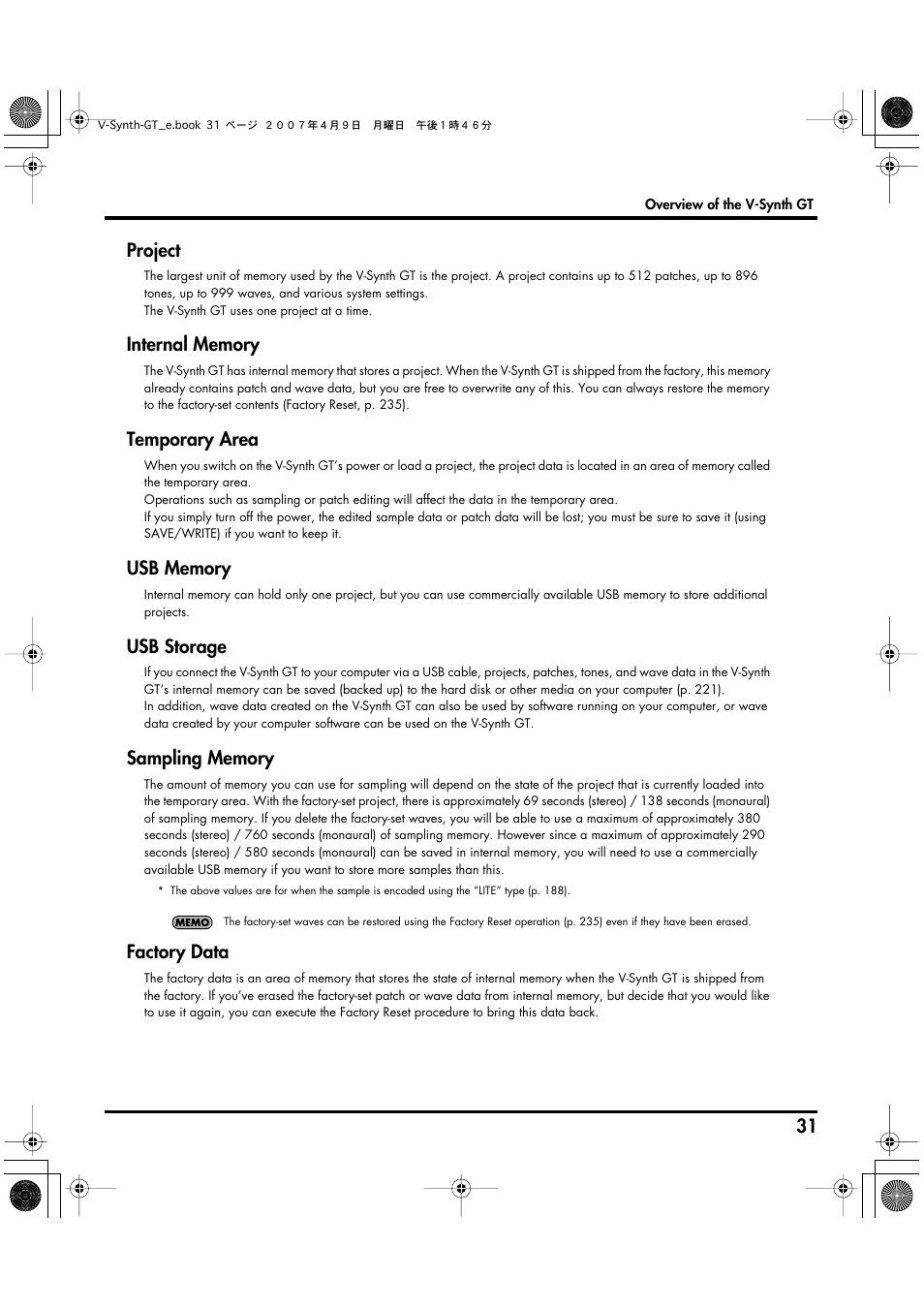 Project, Temporary area, Usb storage | Factory data | Roland V-Synth GT User Manual | Page 31 / 248