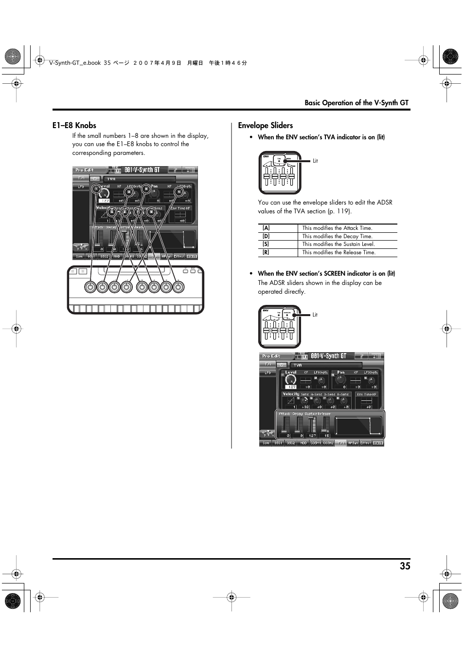 E1–e8 knobs, Envelope sliders | Roland V-Synth GT User Manual | Page 35 / 248