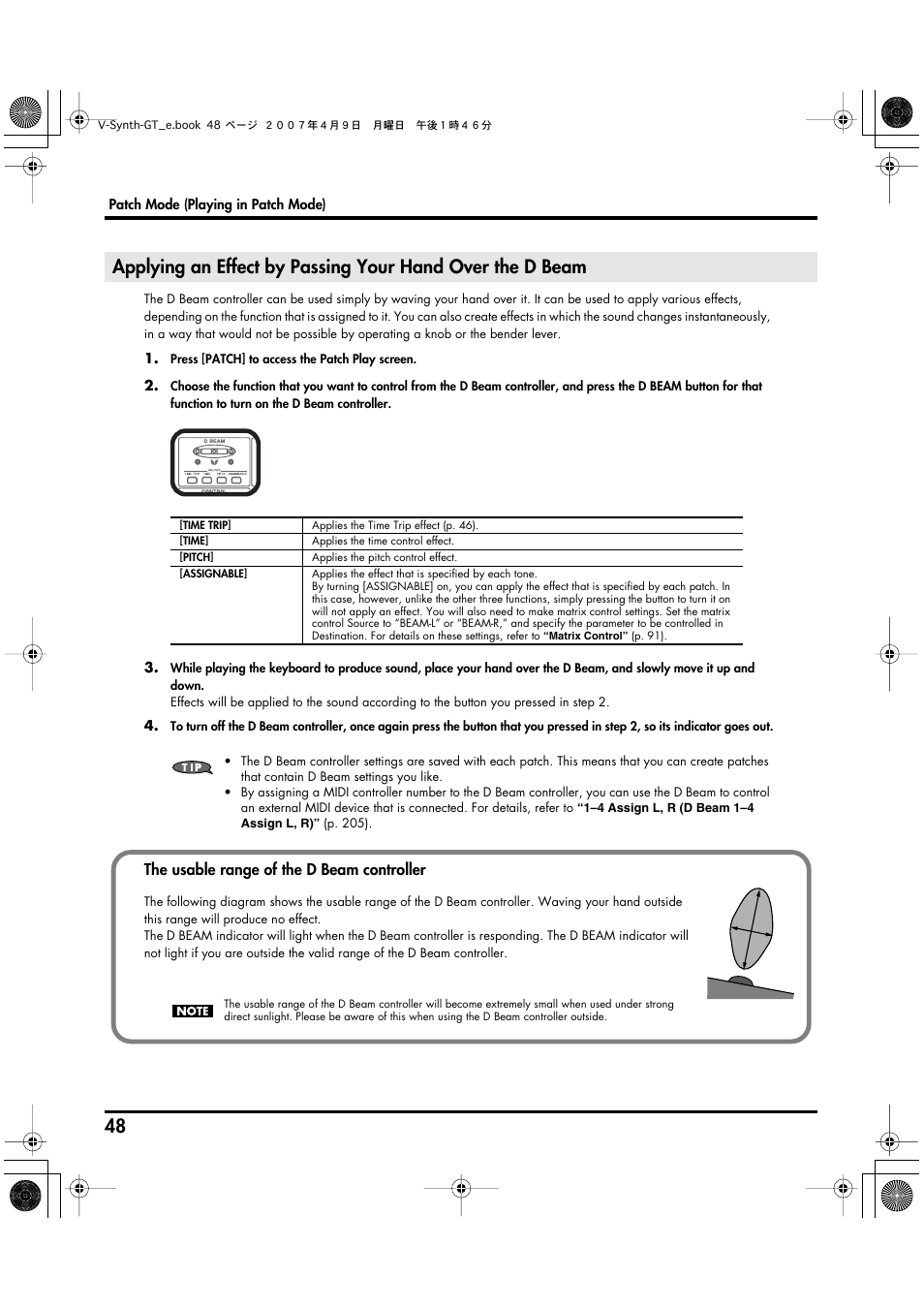 The usable range of the d beam controller | Roland V-Synth GT User Manual | Page 48 / 248