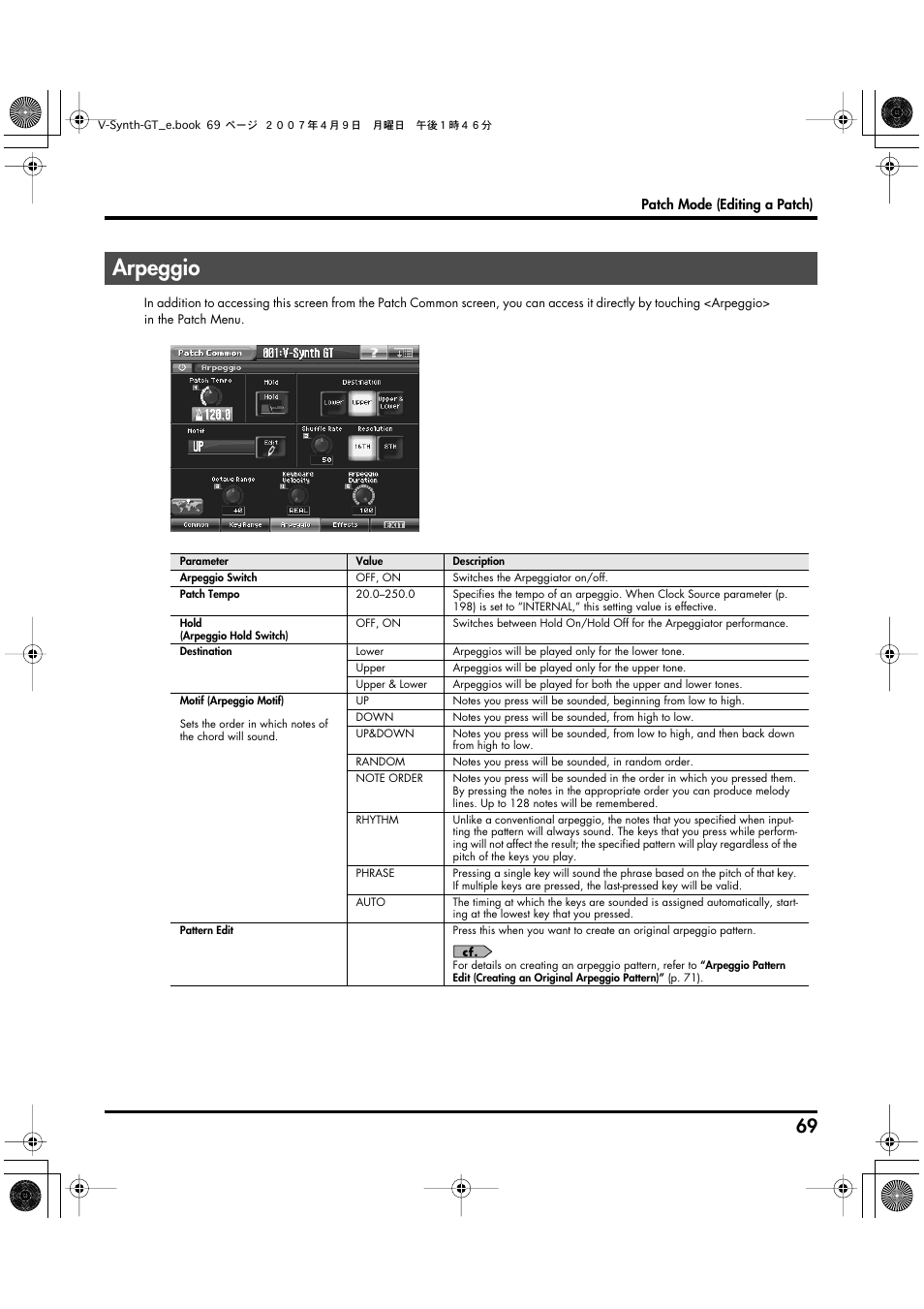 Arpeggio | Roland V-Synth GT User Manual | Page 69 / 248