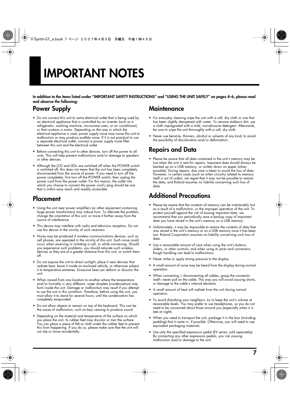 Important notes, Power supply, Placement | Maintenance, Repairs and data, Additional precautions | Roland V-Synth GT User Manual | Page 7 / 248