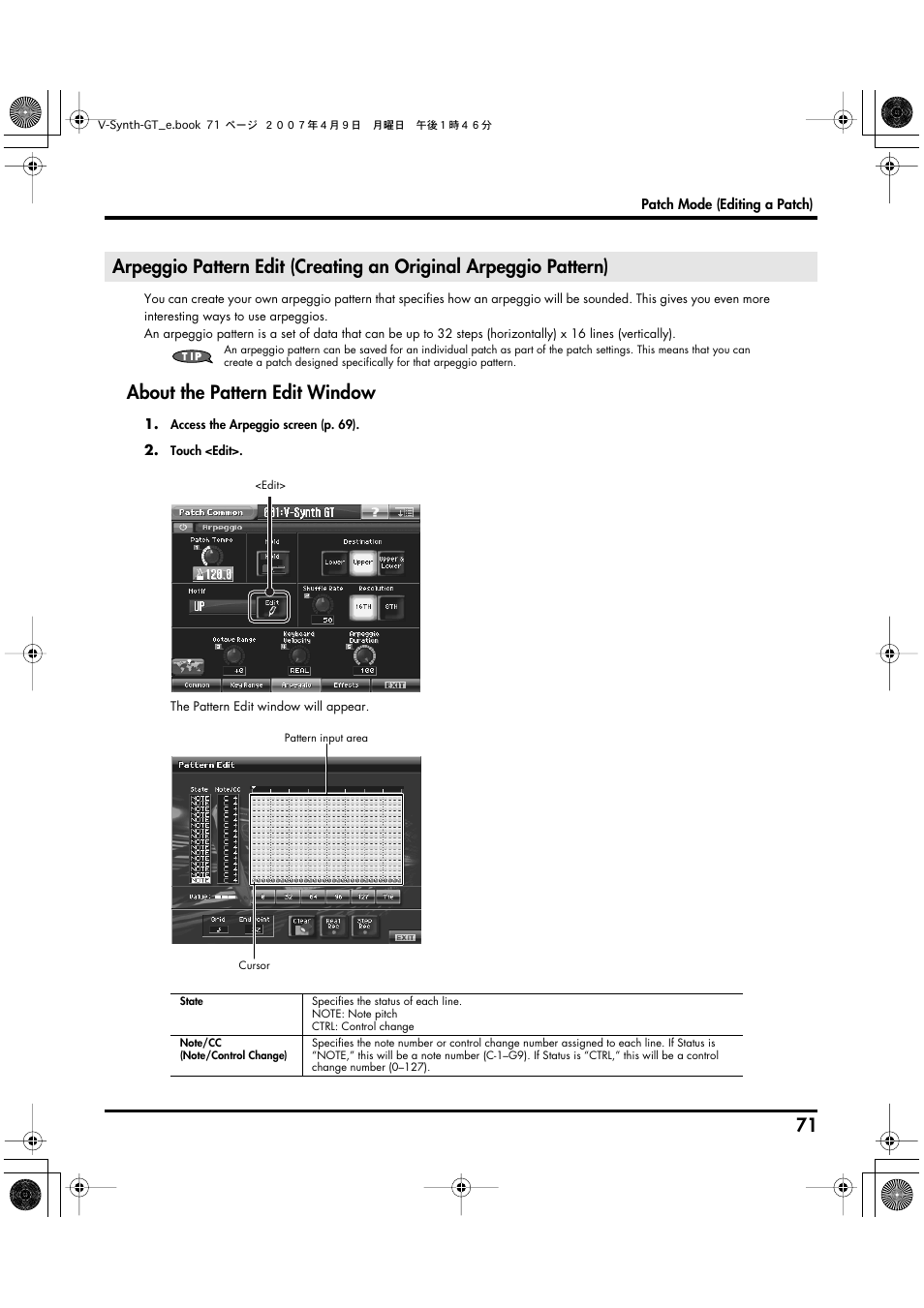 Arpeggio pattern, Edit (creating an original arpeggio pattern), P. 71) | About the pattern edit window | Roland V-Synth GT User Manual | Page 71 / 248