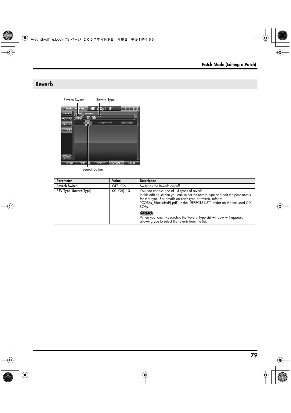 Reverb | Roland V-Synth GT User Manual | Page 79 / 248