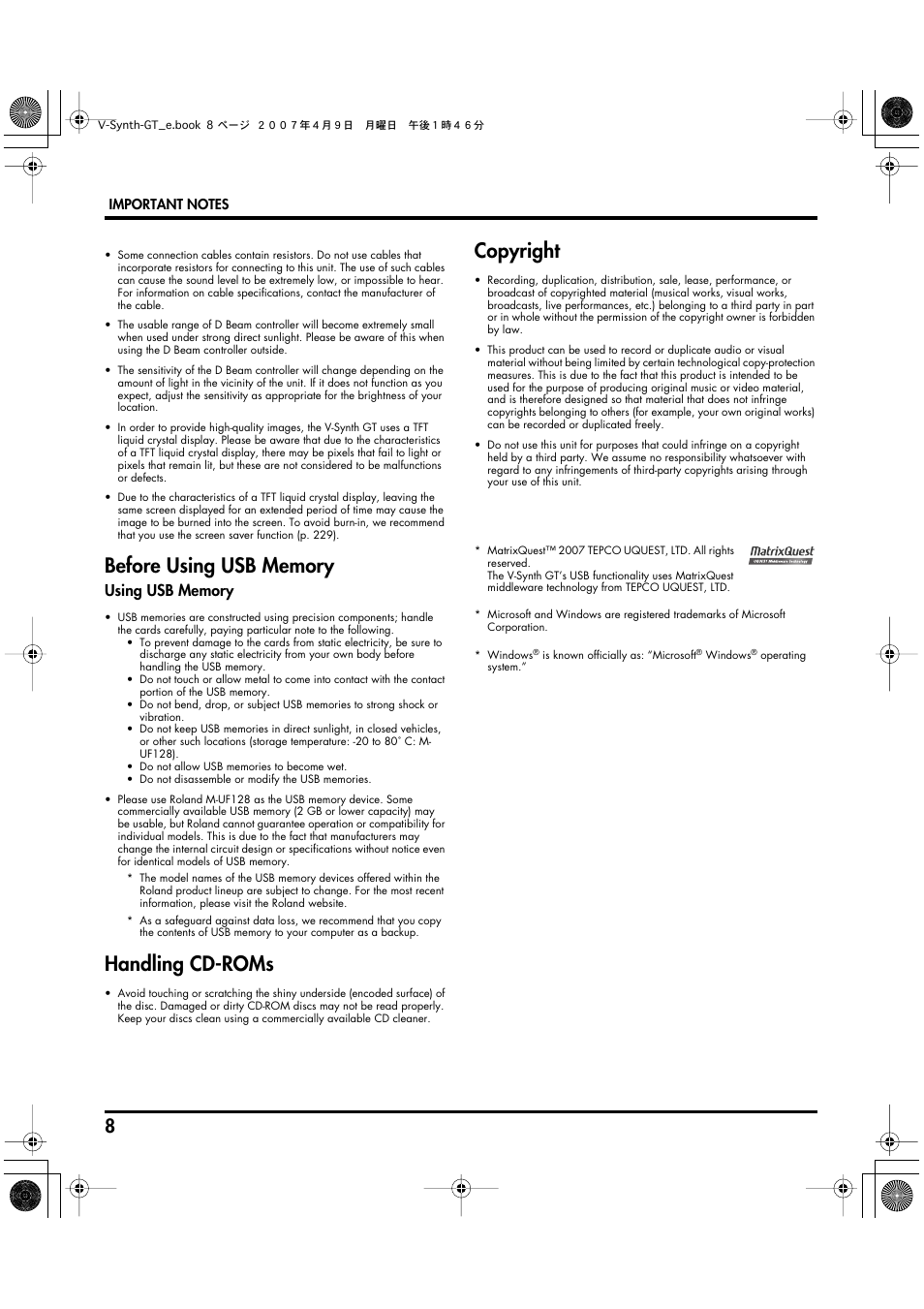 Handling cd-roms, Copyright | Roland V-Synth GT User Manual | Page 8 / 248