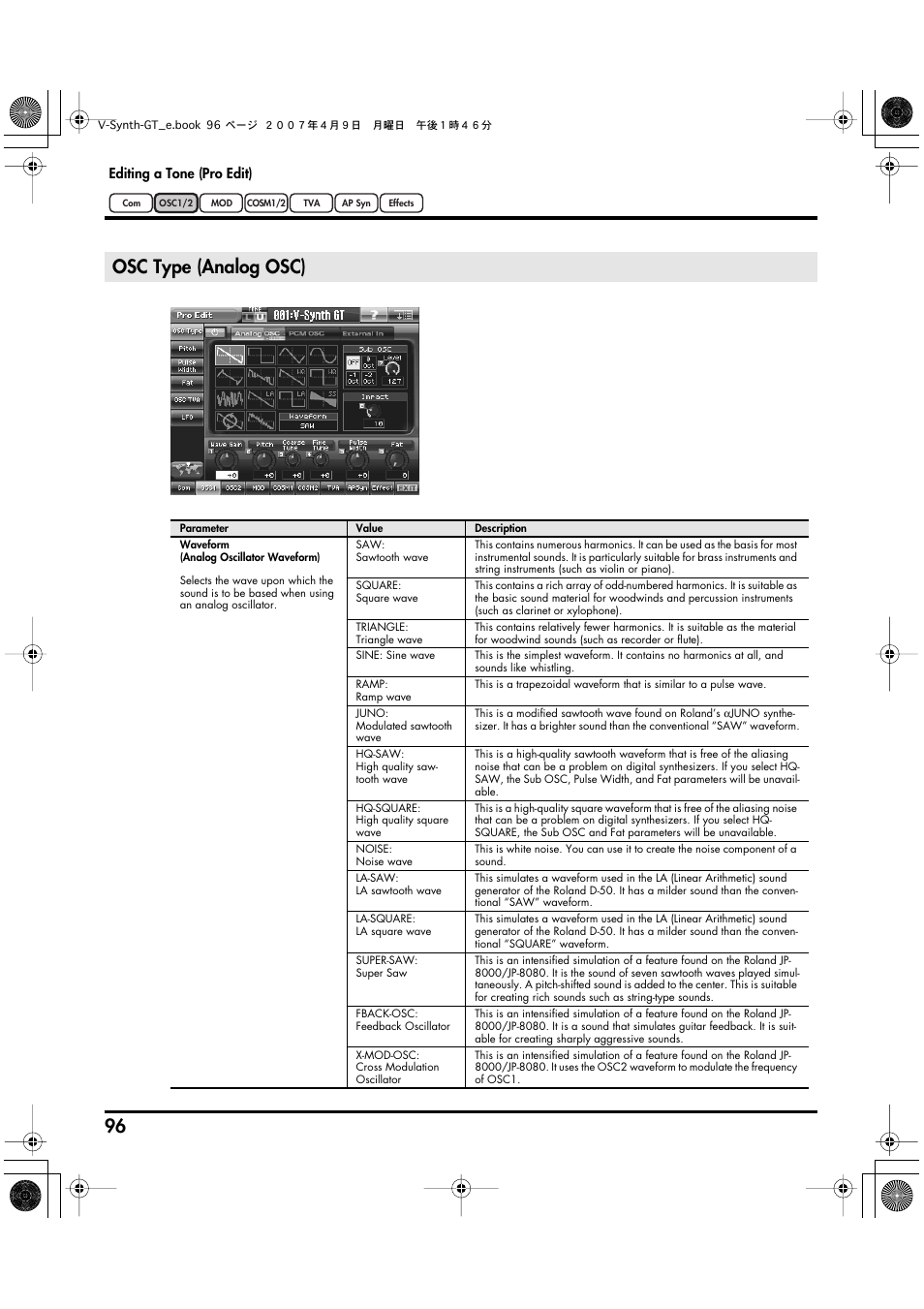 Osc type (analog osc) | Roland V-Synth GT User Manual | Page 96 / 248