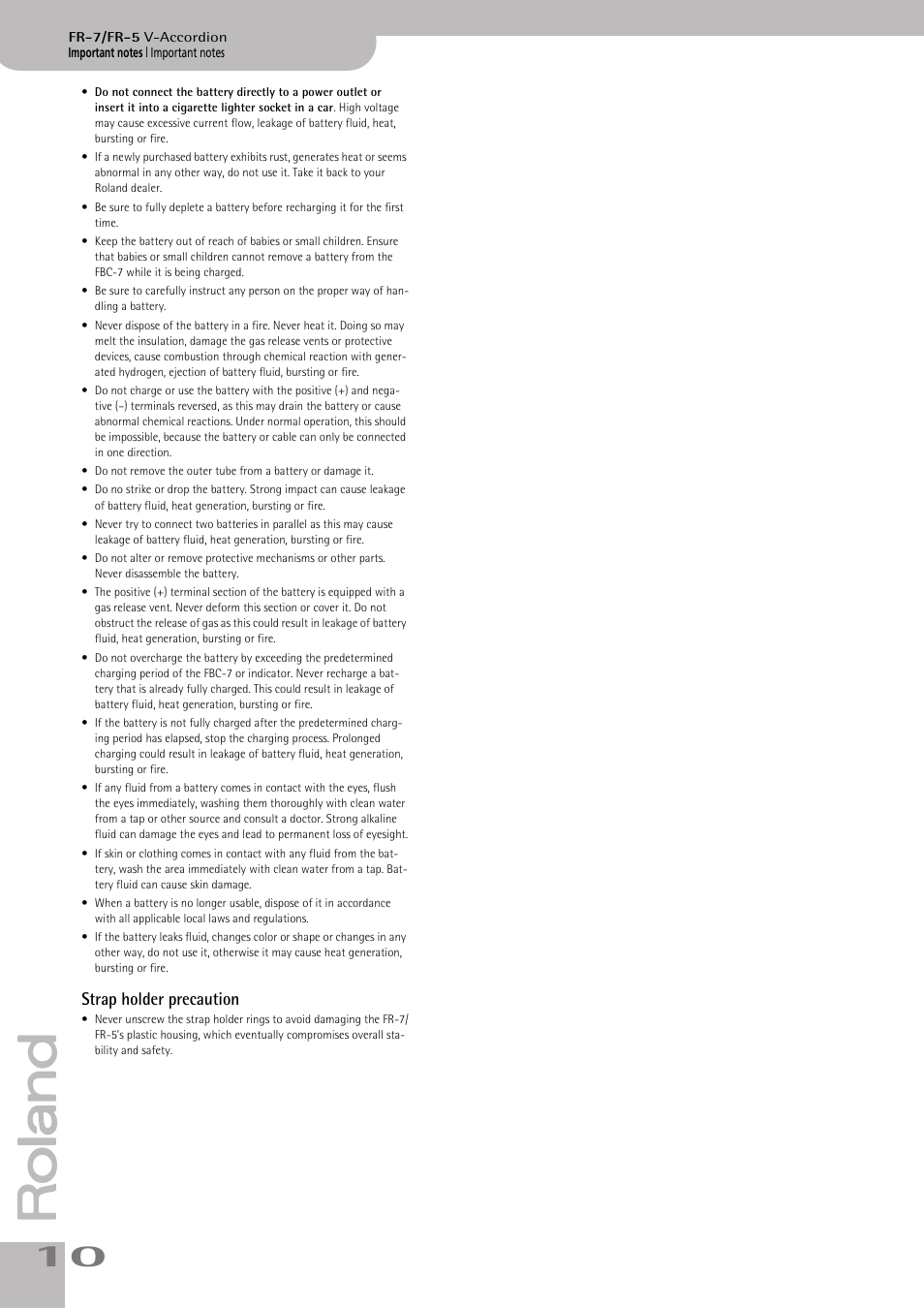 Strap holder precaution | Roland FR-7 User Manual | Page 10 / 114