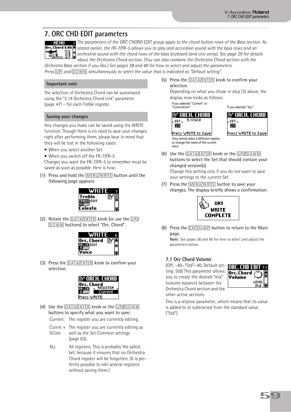 orc chd edit parameters, 1orc chord volume, Orc chd edit parameters | P. 59 | Roland FR-7 User Manual | Page 59 / 114