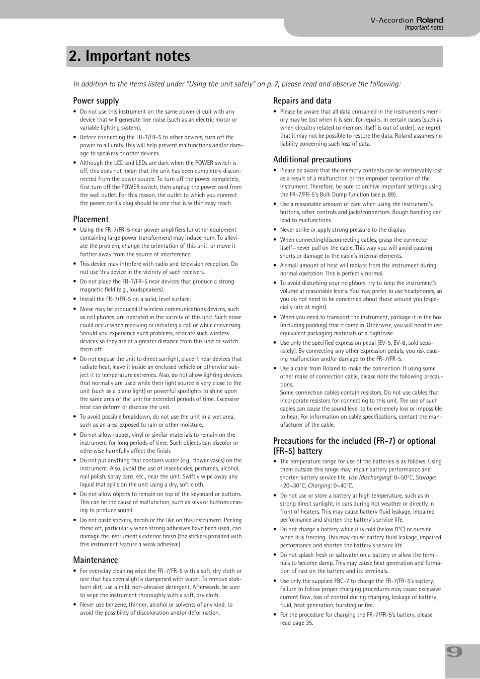 Important notes, Power supply, Placement | Maintenance, Repairs and data, Additional precautions | Roland FR-7 User Manual | Page 9 / 114
