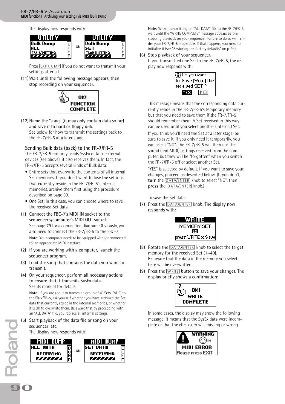 Sending bulk data (back) to the fr7/fr5 | Roland FR-7 User Manual | Page 90 / 114