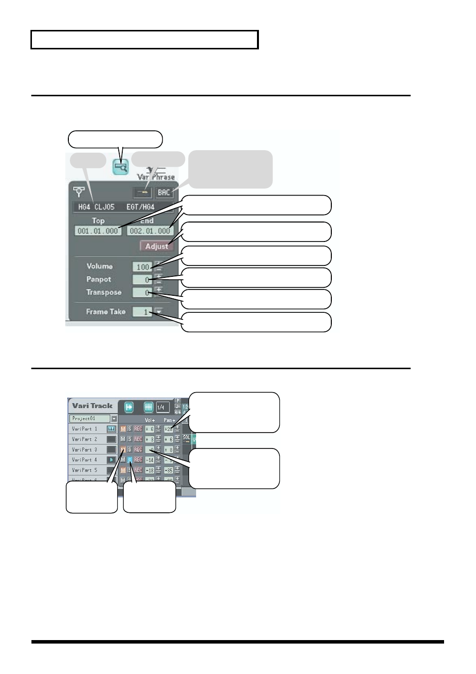 Editing the settings of a frame (frame properties), Solo/mute/volume/pan settings, Frame properties (p. 68) | 68 creating a song (vari track) | Roland maxWerk Musical Instrument User Manual | Page 68 / 156