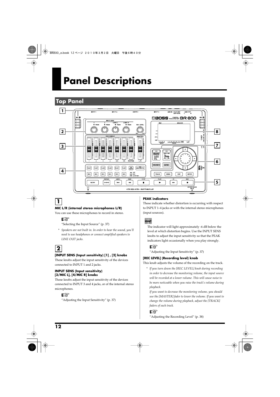 Panel descriptions, Top panel | Roland BR-800 User Manual | Page 10 / 156