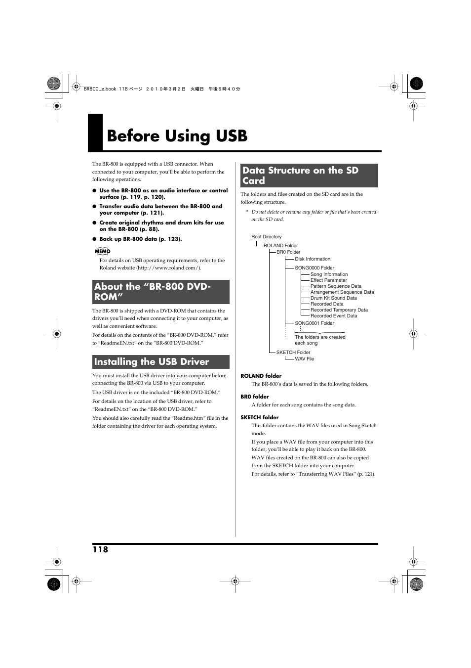 Before using usb, About the “br-800 dvd- rom, Installing the usb driver | Data structure on the sd card, P. 118) | Roland BR-800 User Manual | Page 116 / 156