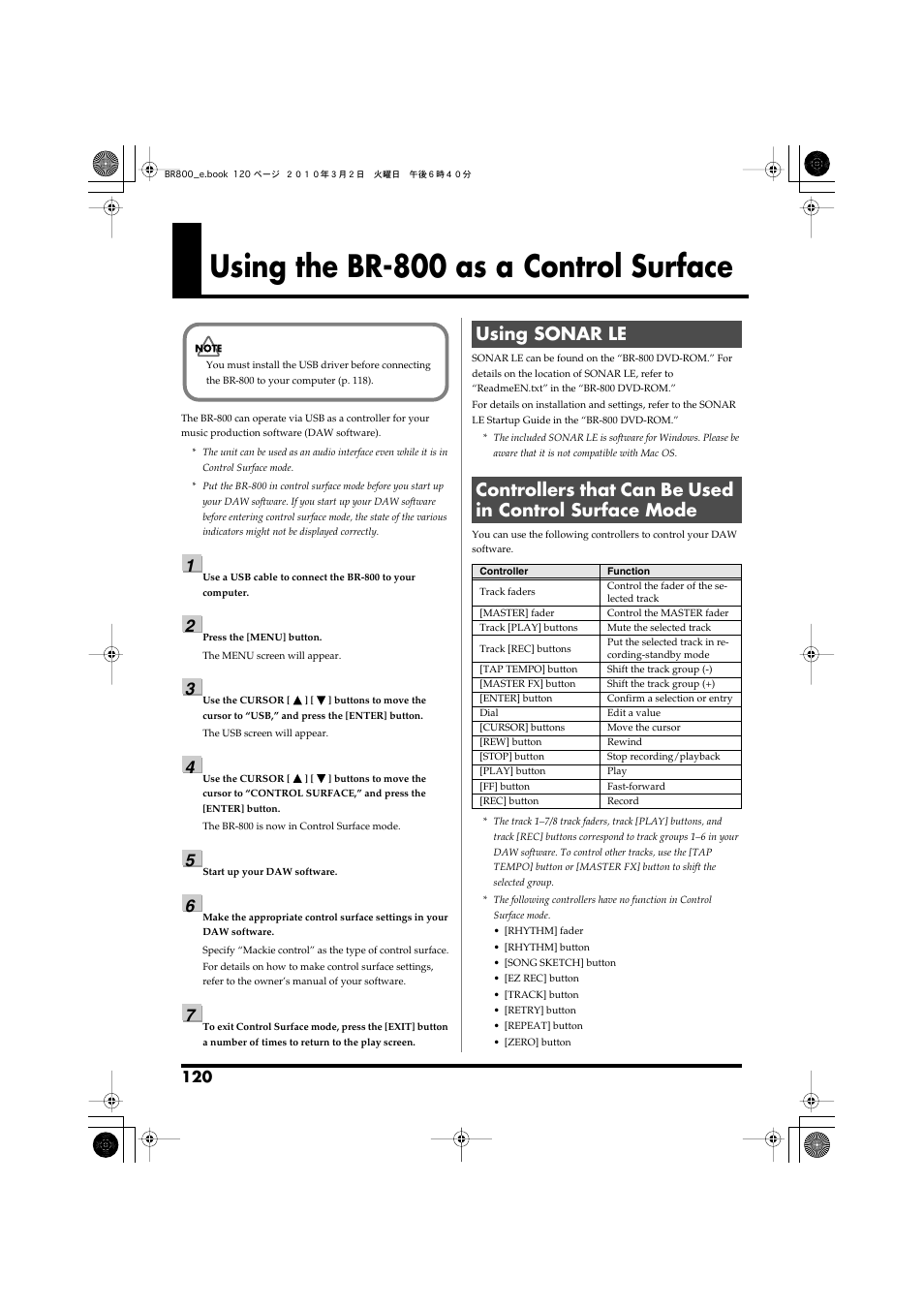 Using the br-800 as a control surface, Using sonar le | Roland BR-800 User Manual | Page 118 / 156