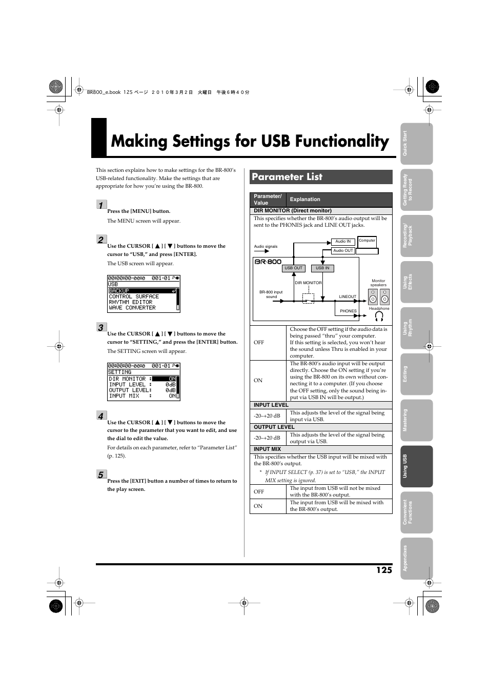 Making settings for usb functionality, Parameter list | Roland BR-800 User Manual | Page 123 / 156