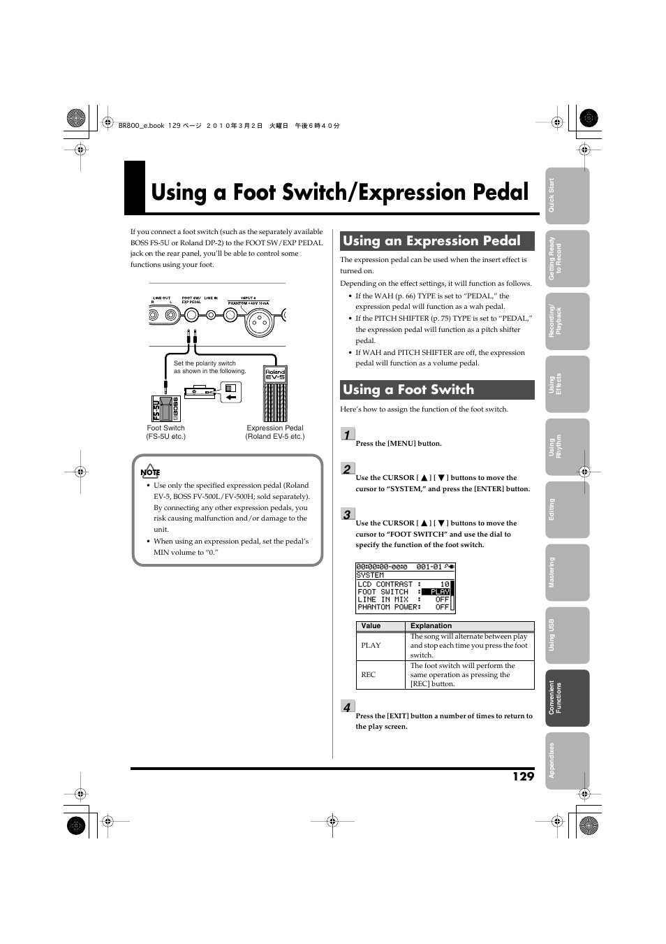 Using a foot switch/expression pedal, Using an expression pedal, Using a foot switch | Using an expression pedal using a foot switch | Roland BR-800 User Manual | Page 127 / 156