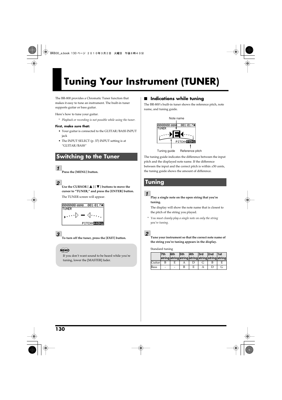 Tuning your instrument (tuner), Switching to the tuner, Tuning | Switching to the tuner tuning | Roland BR-800 User Manual | Page 128 / 156