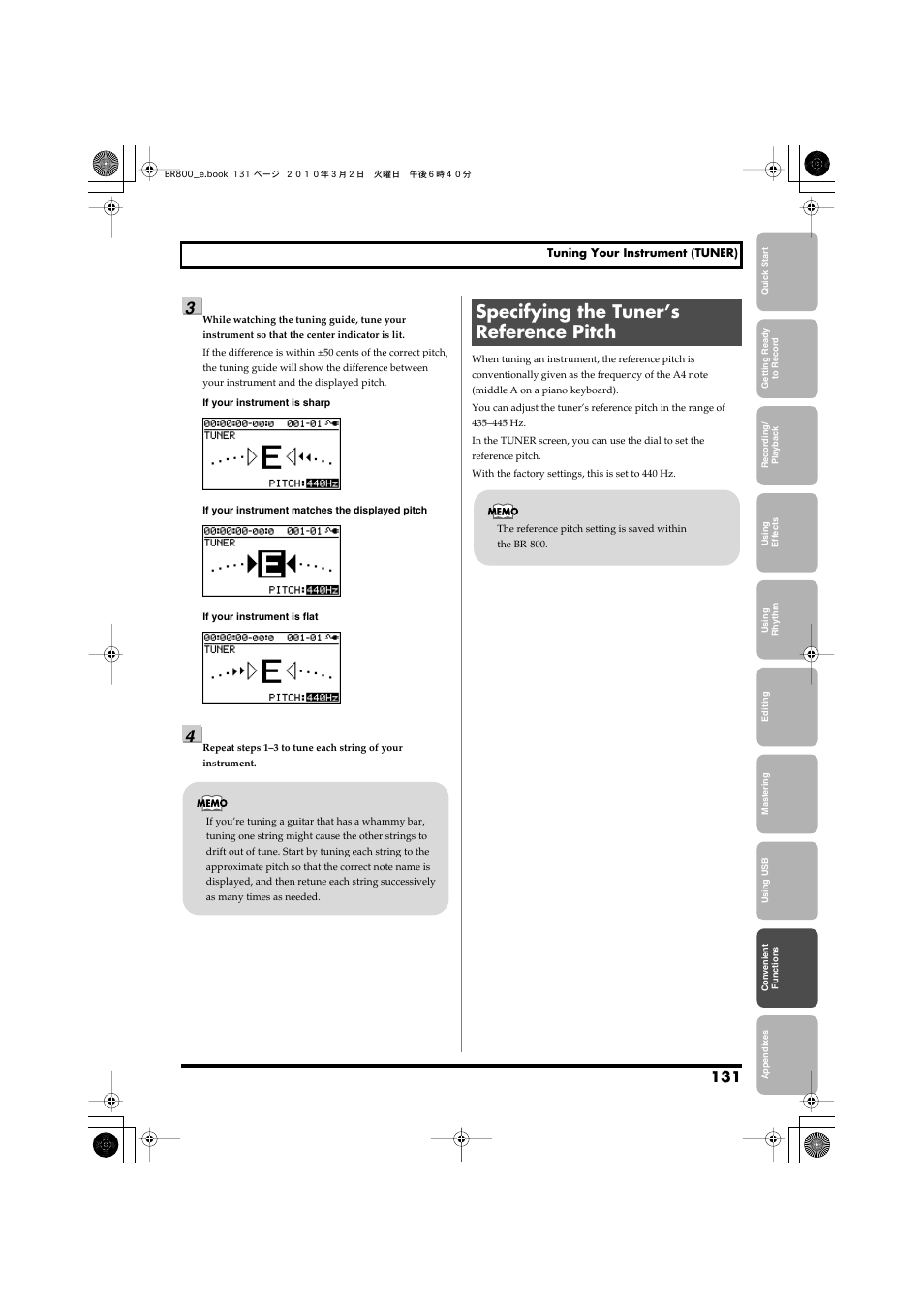 Specifying the tuner’s reference pitch | Roland BR-800 User Manual | Page 129 / 156