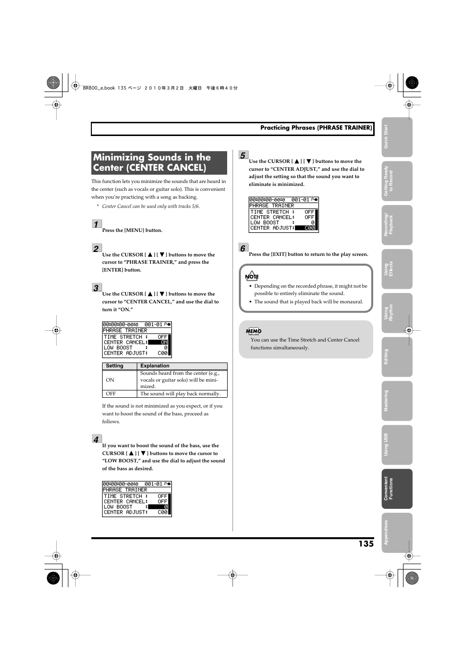 Minimizing sounds in the center (center cancel) | Roland BR-800 User Manual | Page 133 / 156