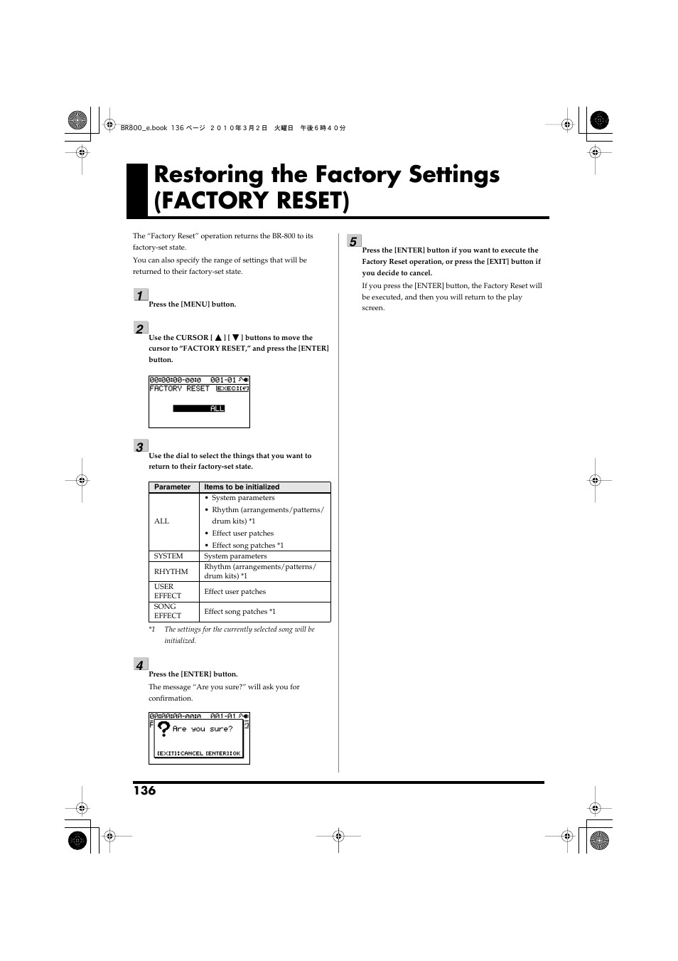 Restoring the factory settings (factory reset) | Roland BR-800 User Manual | Page 134 / 156