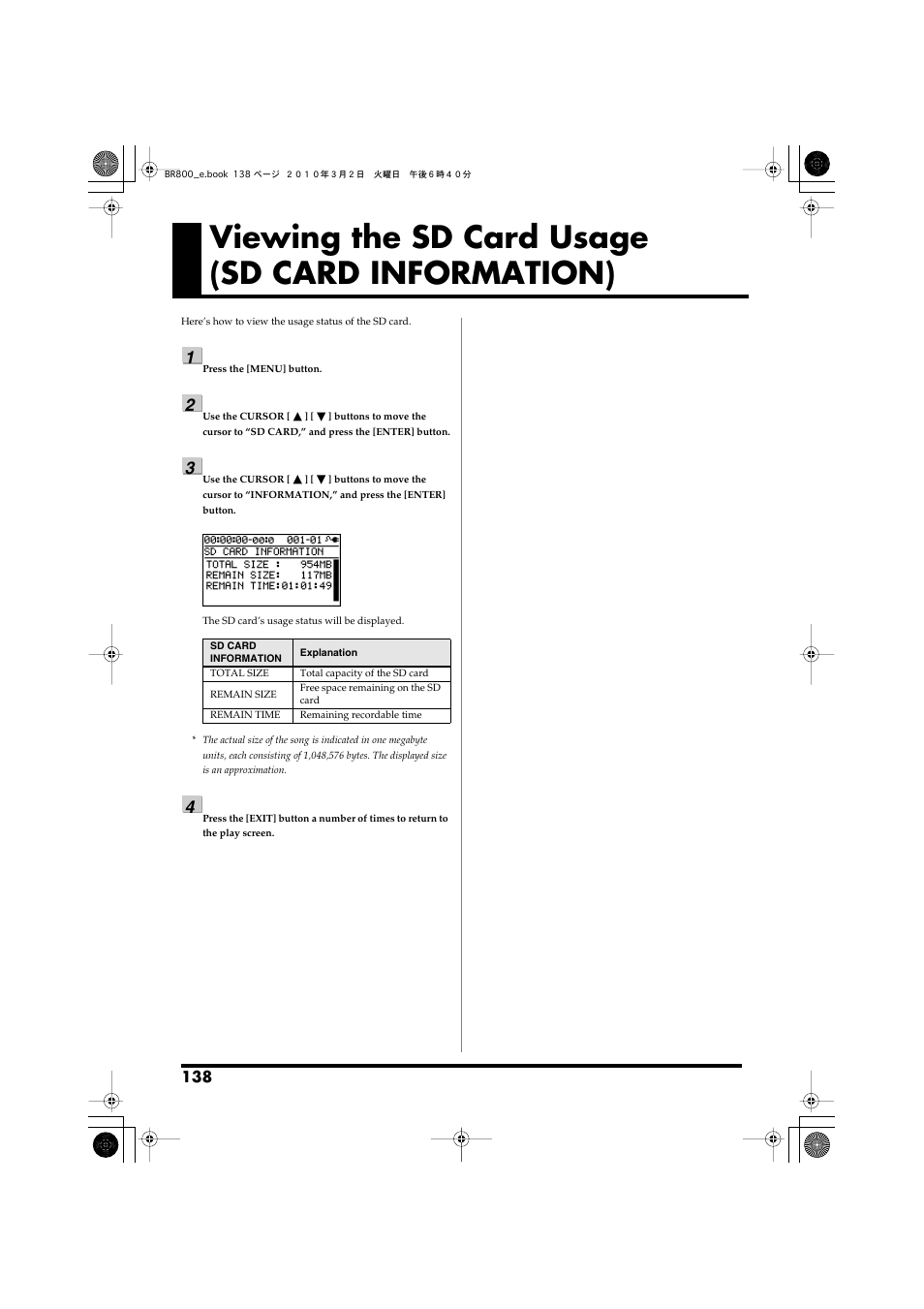 Viewing the sd card usage (sd card information) | Roland BR-800 User Manual | Page 136 / 156