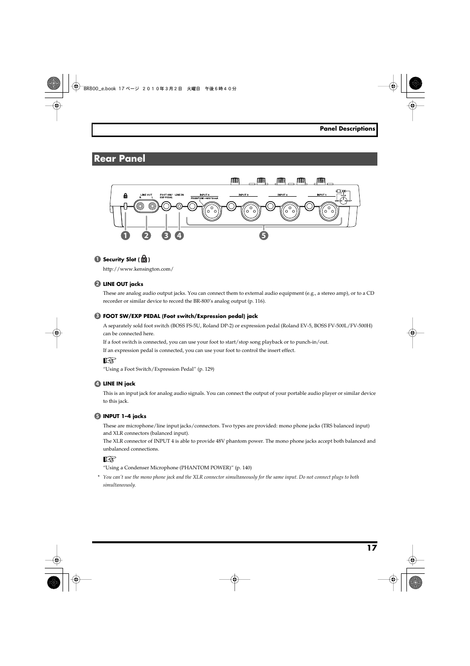 Rear panel | Roland BR-800 User Manual | Page 15 / 156