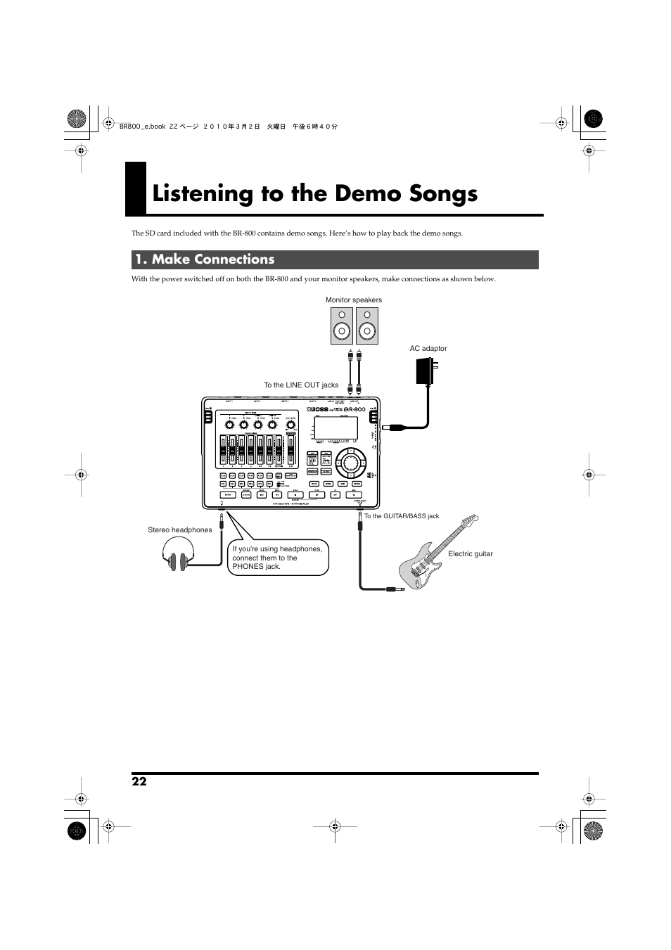 Listening to the demo songs, Make connections | Roland BR-800 User Manual | Page 20 / 156