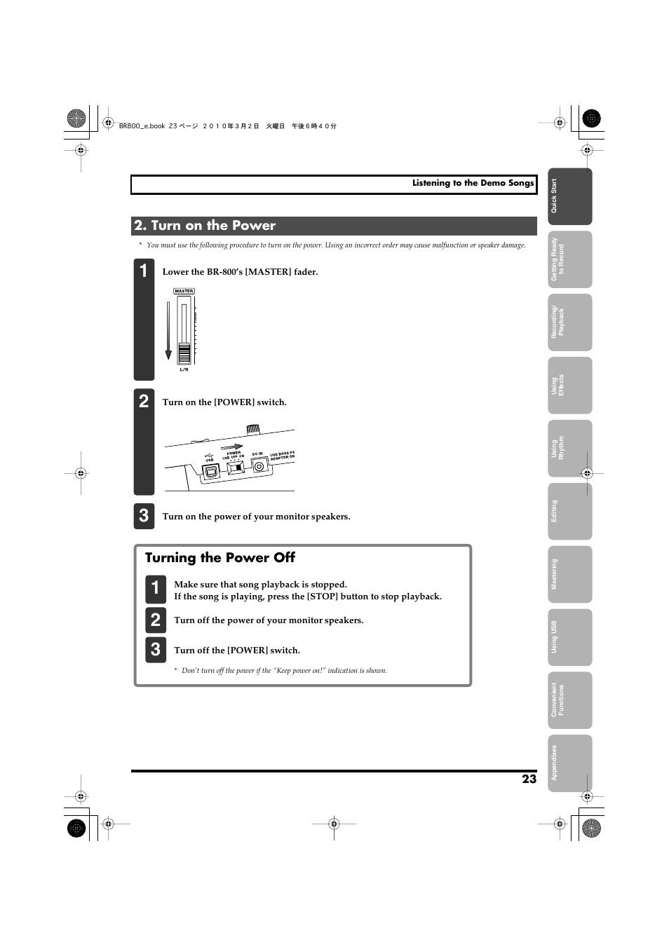 Turn on the power, Turning the power off | Roland BR-800 User Manual | Page 21 / 156