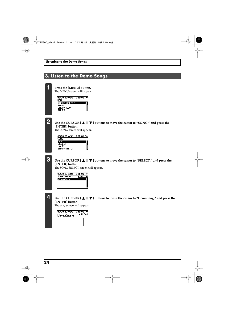 Listen to the demo songs | Roland BR-800 User Manual | Page 22 / 156