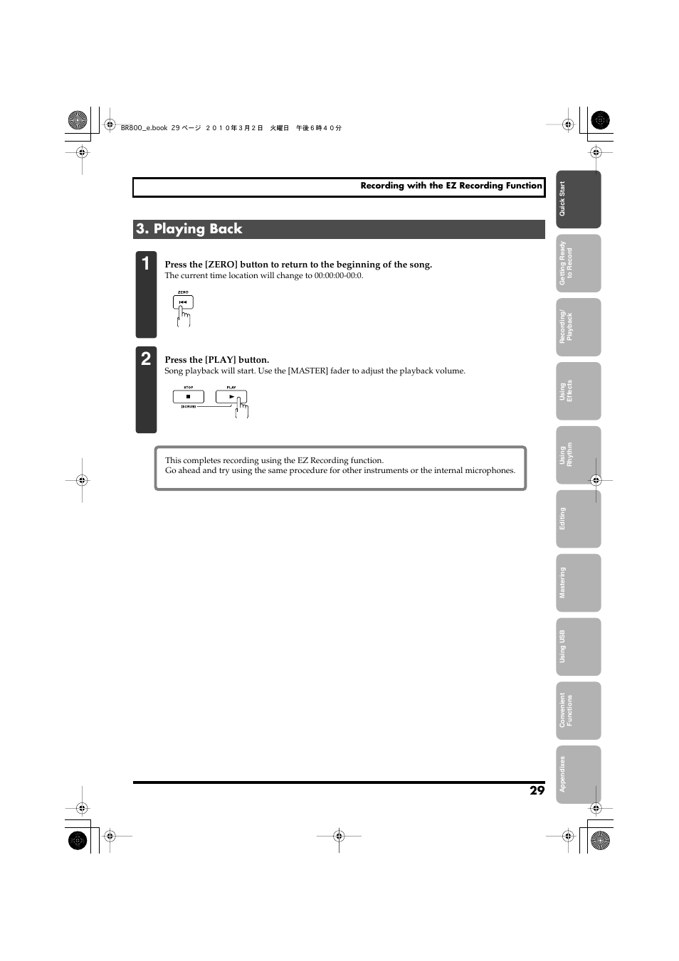 Playing back | Roland BR-800 User Manual | Page 27 / 156