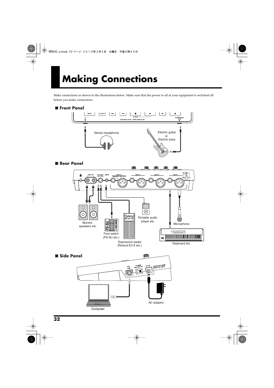 Making connections, Connect the included ac adaptor here (p. 32) | Roland BR-800 User Manual | Page 30 / 156