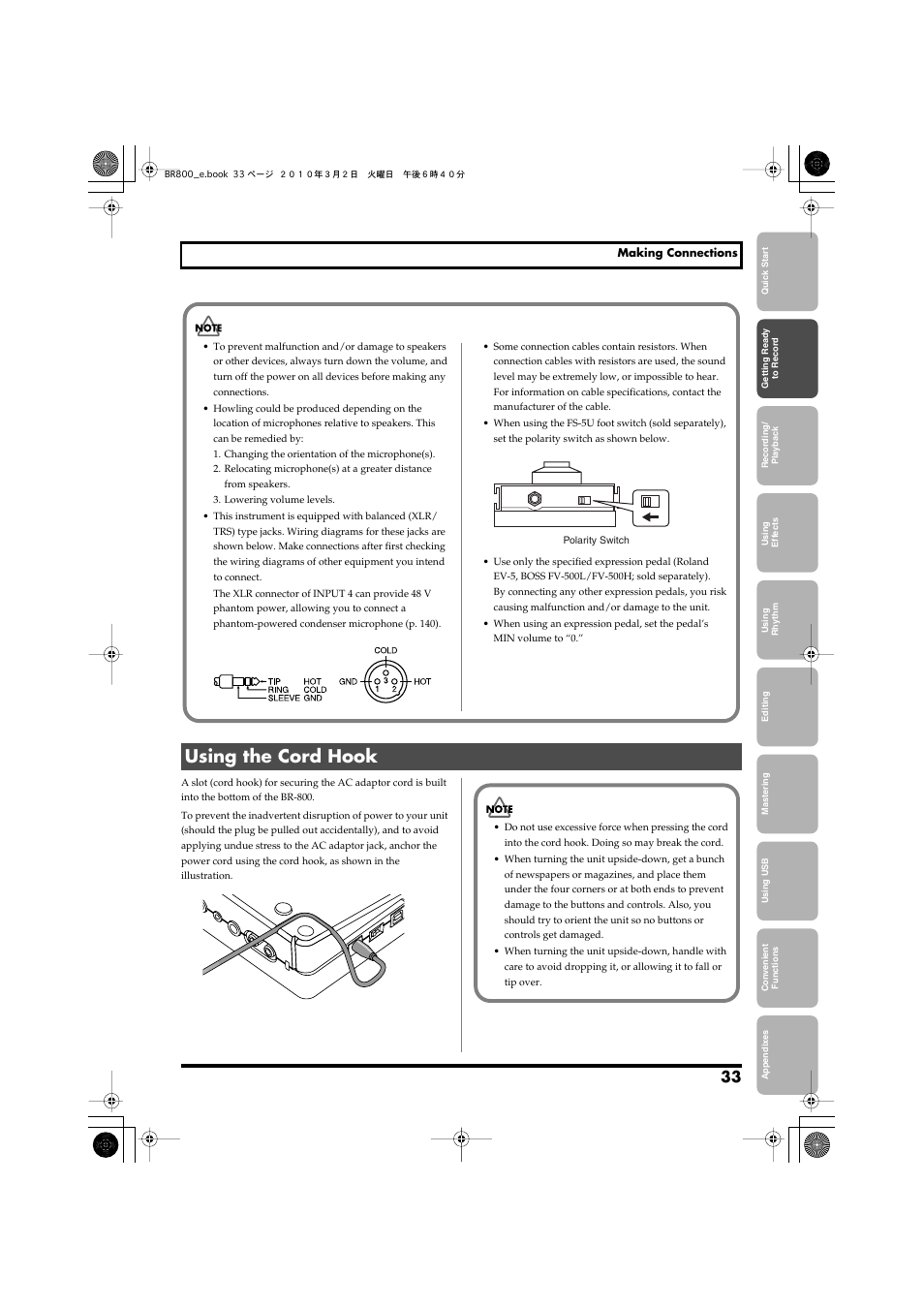 Using the cord hook | Roland BR-800 User Manual | Page 31 / 156