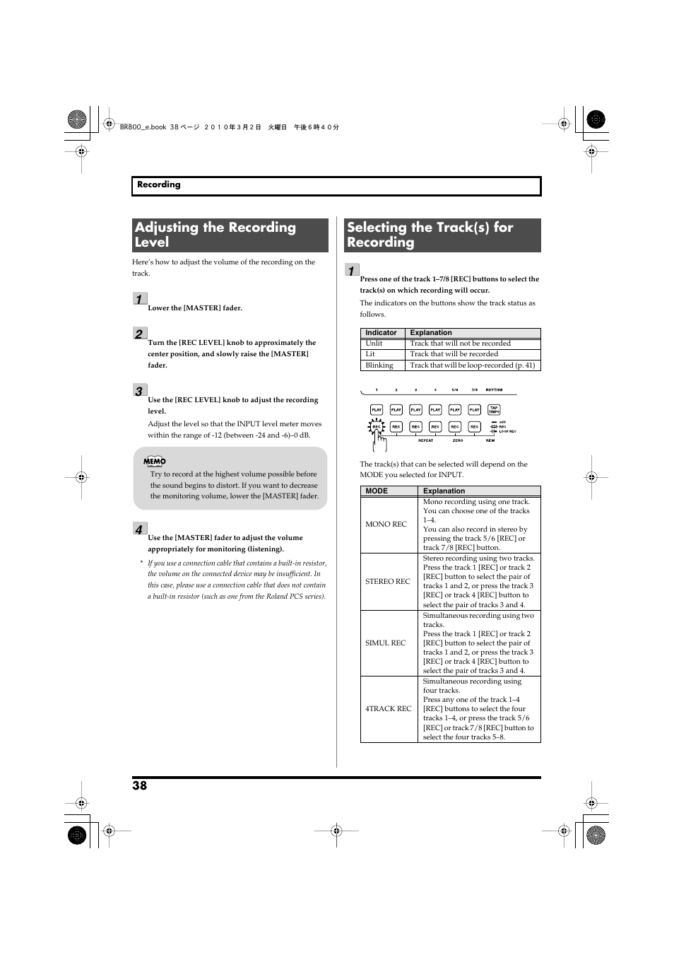 Adjusting the recording level, Selecting the track(s) for recording, Adjusting the recording level” (p. 38) | Roland BR-800 User Manual | Page 36 / 156