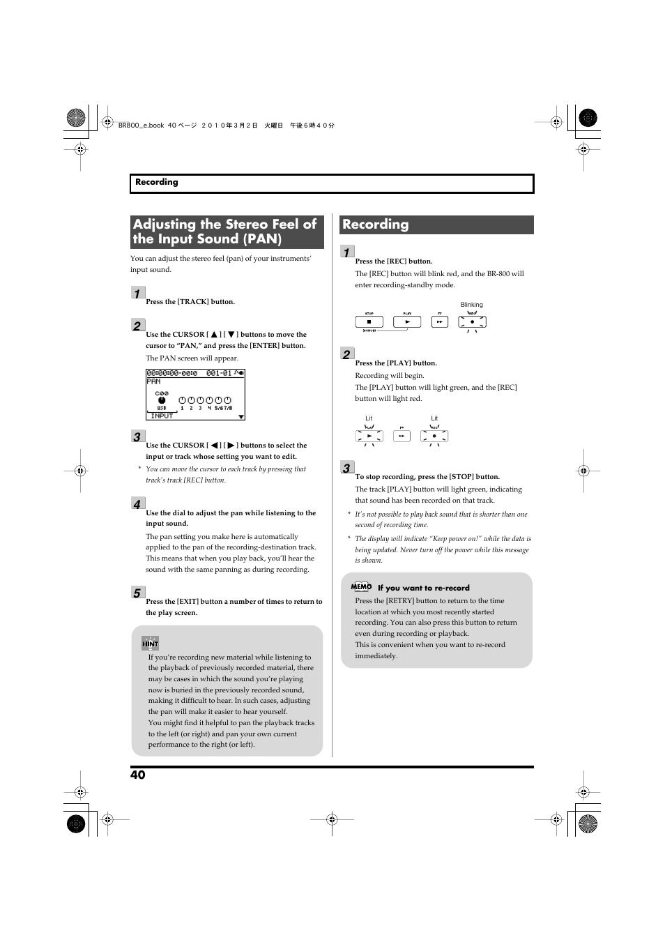 Adjusting the stereo feel of the input sound (pan), Recording, Recording” (p. 40) | Roland BR-800 User Manual | Page 38 / 156