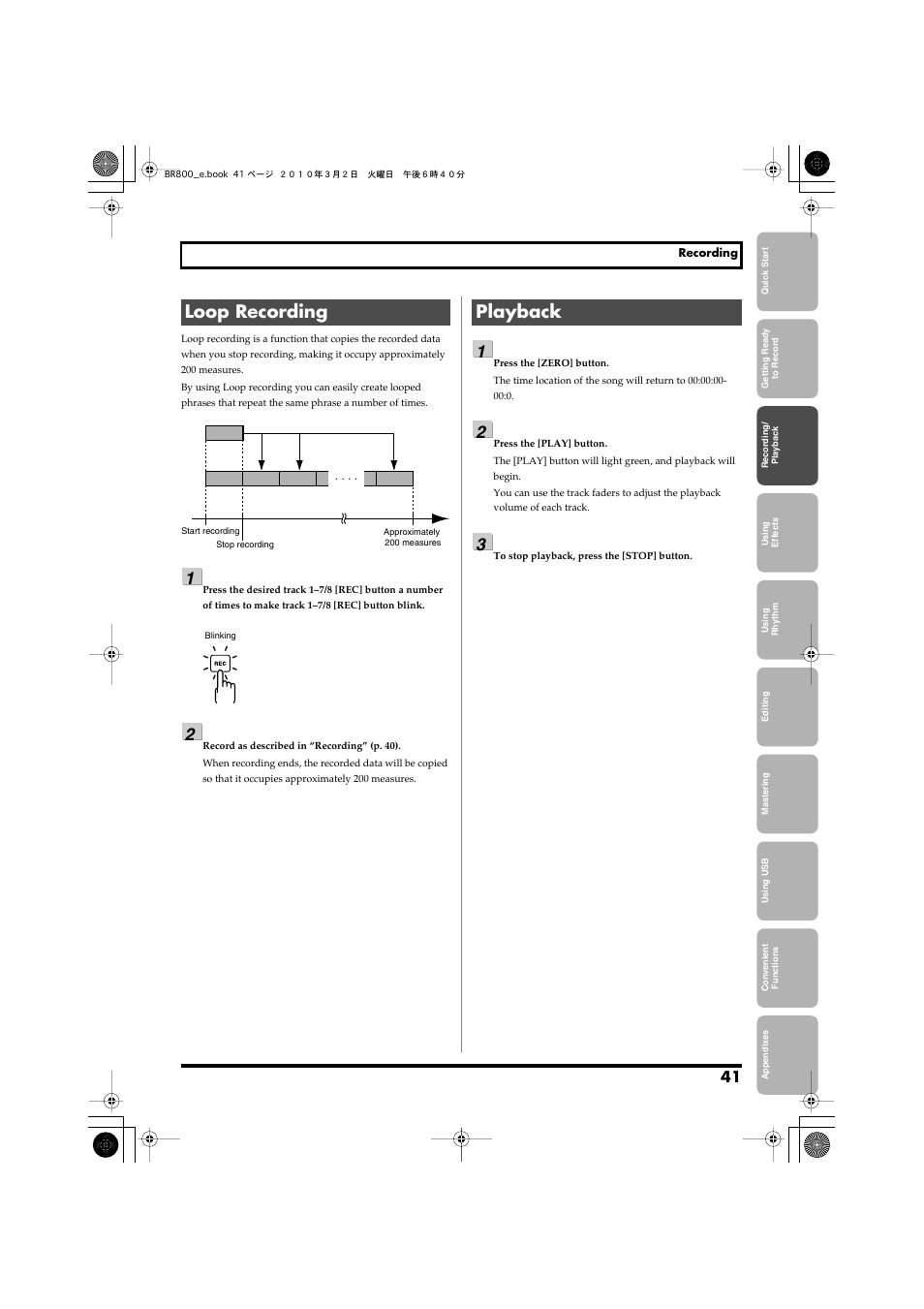 Loop recording, Playback, Loop recording playback | Playback” (p. 41) | Roland BR-800 User Manual | Page 39 / 156